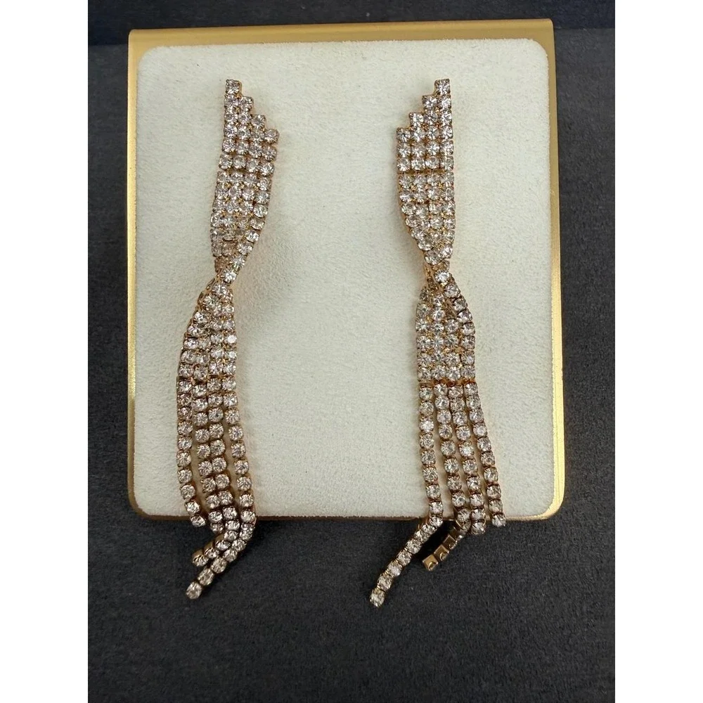 Gold Tone Earrings Rhinestone Twisted Tiered Waterfall Dangle Drop Statement
